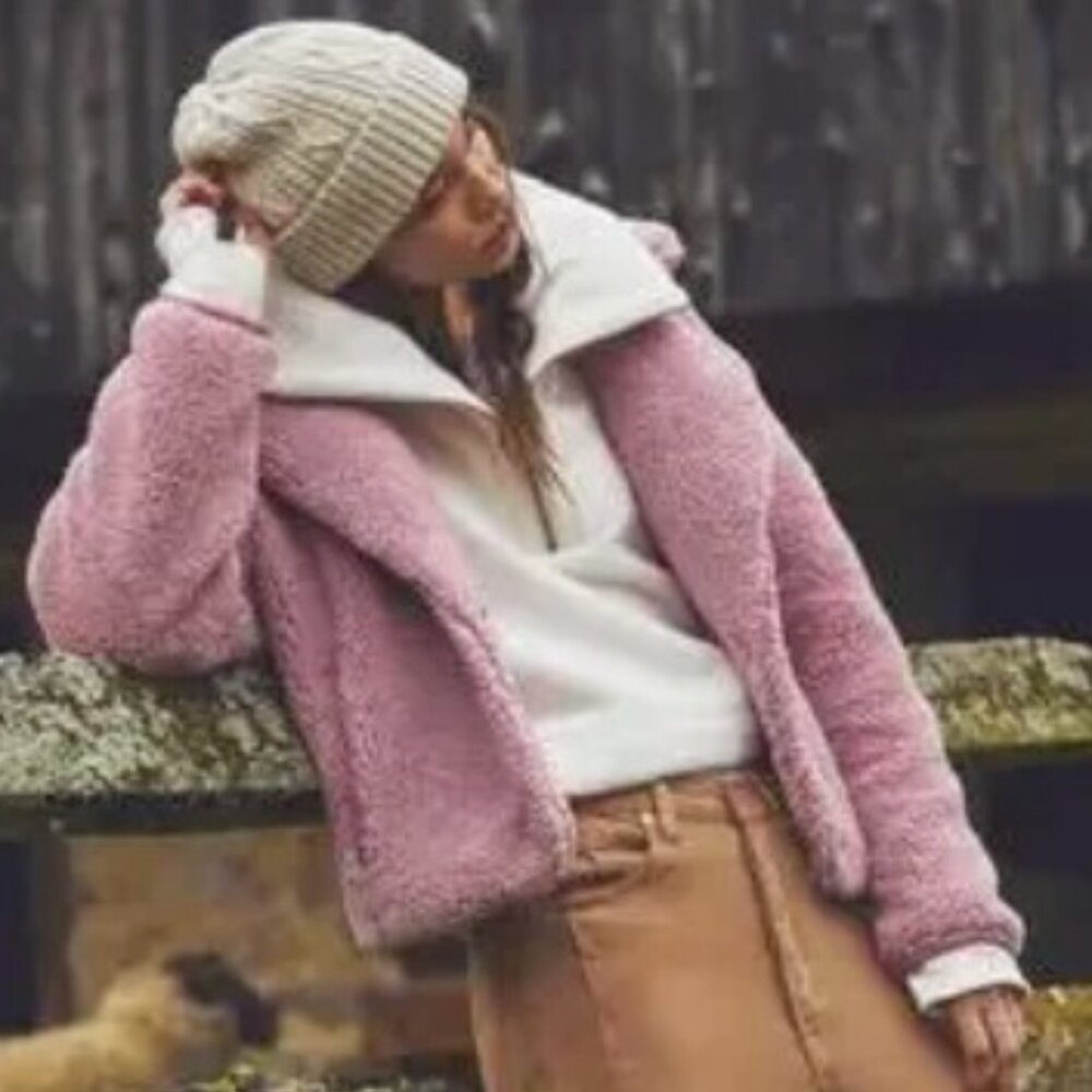Free People Joplin Cozy Sherpa Faux Fur Teddy Jacket in Smoked Pink, XS NWT